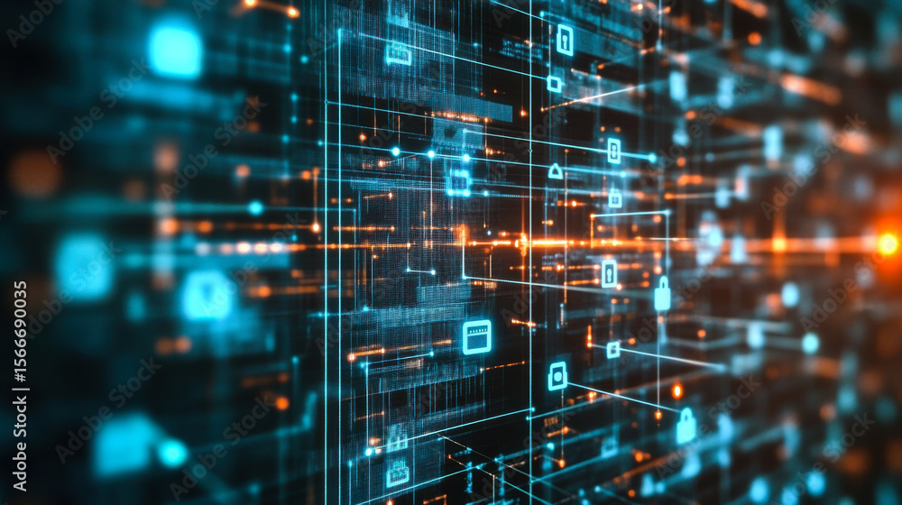 Poster digital data flow with glowing elements in a futuristic technology setting