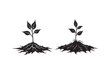 Black silhouette of young plants with visible root systems in soil