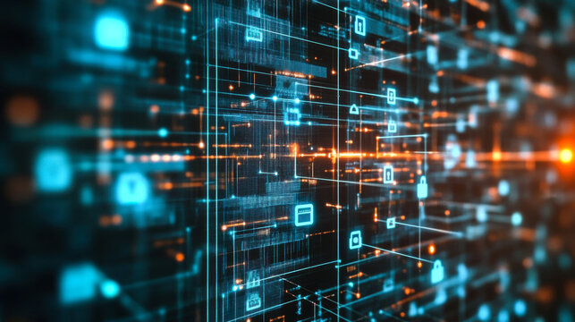 Digital data flow with glowing elements in a futuristic technology setting - Powered by Adobe