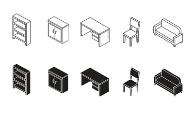 Isometric Furniture Icon Set Vector Outline Icons of Sofa, Desk, Cabinet, Chair, and Bookshelf
