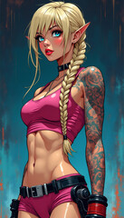 Fototapeta premium Anime Girl Elf Fitness Model: Vibrant Fantasy Art with Tattoos and Unique Hairstyle