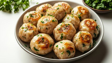 Dumplings served on a plate with rich sauce and finely chopped herbs during a cozy indoor dining experience