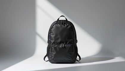 A black backpack stands on a light gray surface.