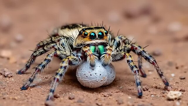 Jumping spider with bright eyes carrying egg sac on brown ground
