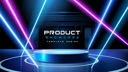 Modern product display showcase with a blue podium and vibrant neon laser beams. Futuristic technology background.
