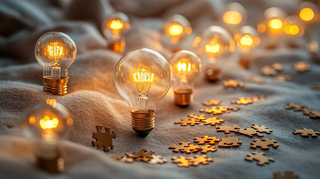 Glowing lightbulbs and puzzle pieces on fabric