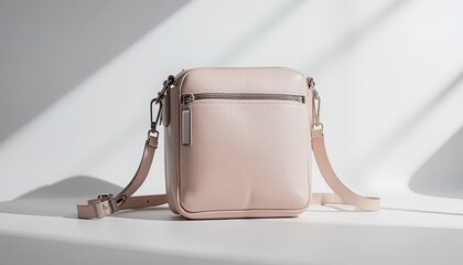 Light-pink leather crossbody bag displayed on a white surface.