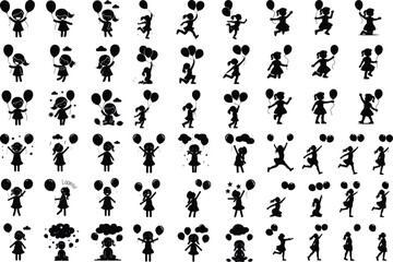 Floating Balloon Girl Silhouette – Kids Party Black Icon Pack Girl Holding Balloons Silhouette Set – Cute Celebration Icon Vector