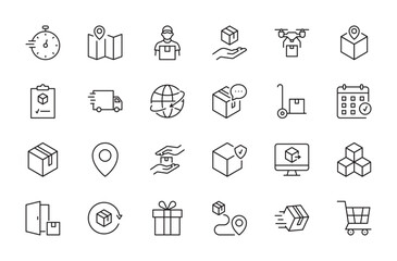Delivery icon set. Destination, courier, drone, tracking, invoice, worldwide shipping, notification, package, location, protection, shipment, trolley, box, etc. Vector illustration. Editable stroke.