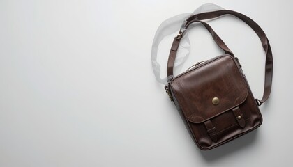 Brown leather messenger bag on a white background.