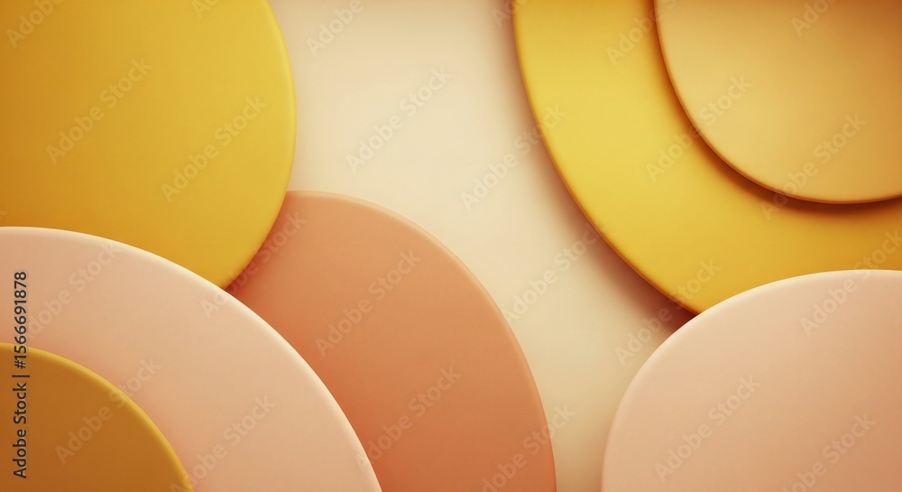 Poster abstract arrangement of overlapping matte discs in muted yellow and peach tones creates soft
