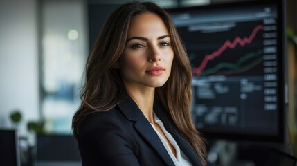 Fototapeta premium A professional woman stands in an office, gazing thoughtfully while examining financial graphs displayed on a large screen. The environment reflects a contemporary workspace