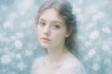 Ethereal young woman with delicate white flowers in soft focus