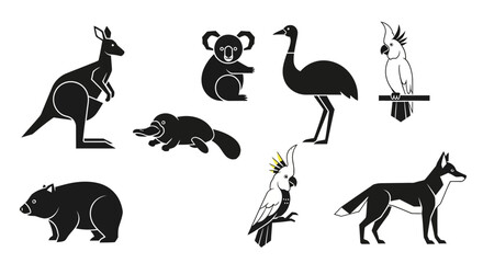 Fototapeta premium Vector australian wildlife animals vector illustration featuring kangaroo koala emu platypus dingo cockatoo and wombat