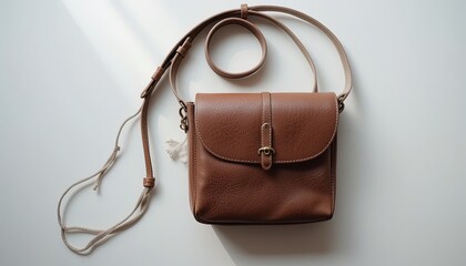Light brown leather crossbody bag with decorative cords.