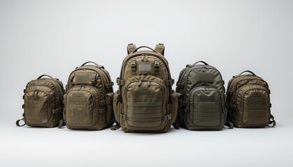 Variety of tactical backpacks in a display.