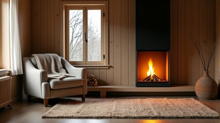Fototapeta premium Minimalist Cabin Living Room Featuring a Modern Fireplace and Comfortable Armchair for Inviting Warmth