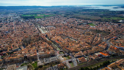 Aerial view of the old town of Narbonne in France on a sunny afternoon in spring.