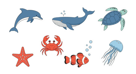 Vector ocean animals illustration sea life drawing dolphin whale turtle crab starfish jellyfish clownfish cartoon art vector