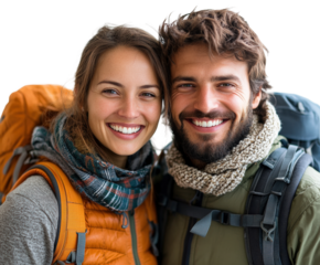 Adventurous hiking couple smiling nature portrait joyful vibe