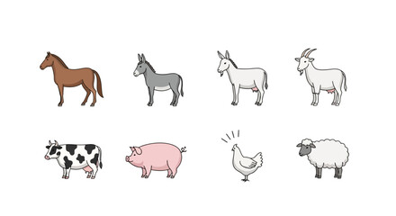 Vector illustration of farm animals including horse donkey goat cow pig chicken and sheep vector graphic design