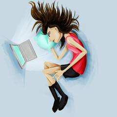 Young woman using laptop in bed, screen light, technology, entertainment
