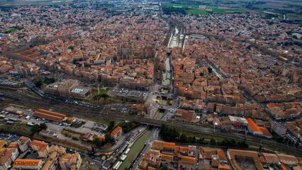 Aerial view of the old town of Narbonne in France on a sunny afternoon in spring.