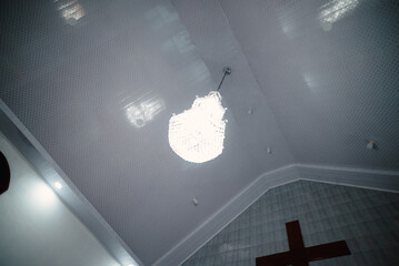 Elegant Chandelier Hanging From Ceiling In Church, Architectural Details, Lighting Decor