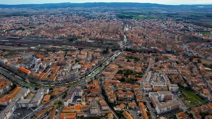 Aerial view of the old town of Narbonne in France on a sunny afternoon in spring.
