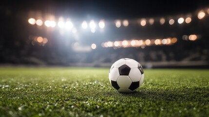Fototapeta premium Football field under glowing stadium lights, dramatic low-angle view with grass texture. The electrifying energy of night matches.