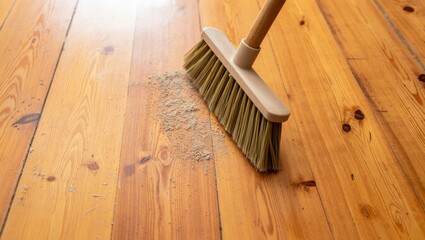 Sweeping dust from wooden floor with broom
