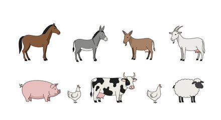 Vector farm animals illustration featuring horse donkey goat cow pig sheep and chicken vector drawing design