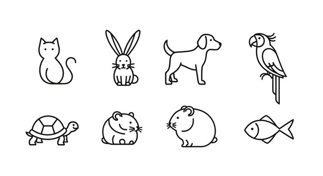 Vector pet animal icons vector set featuring cat dog rabbit parrot turtle hamster and fish outline drawing design
