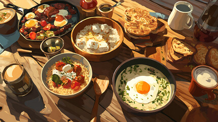 Sunlit Table of Delicious Breakfast Foods Eggs, Bread, and More