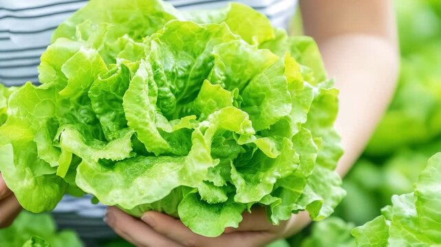 Freshly harvested green lettuce, vibrant and crisp, held gently in hands.  The image evokes feelings of health, freshness, and the bounty of nature.