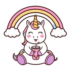 Fototapeta premium Adorable Unicorn Enjoying a Refreshing Bubble Tea Under a Rainbow