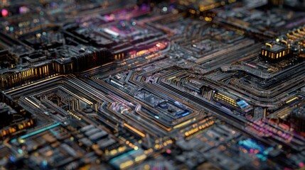 Obraz premium Intricate circuit board glowing pathways abstract technology background