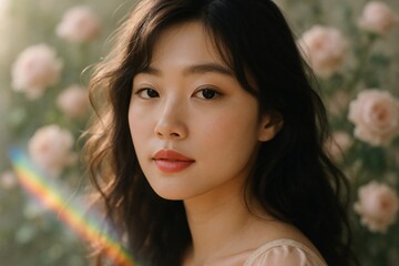 Naklejka premium Young asian woman with dark hair gazes softly amidst softly focused pink roses