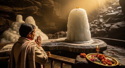 Devotee Worshipping Amarnath Ice Shivling – Shivratri Spiritual Image
