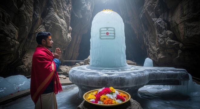 Devotee Worshipping Amarnath Ice Shivling &ndash; Shivratri Spiritual Image