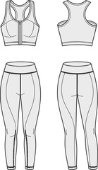 Women’s activewear flat sketch – sports bra and high-waisted leggings fashion CAD with racerback and seam detailing, perfect for yoga, fitness, and gymwear tech pack.
