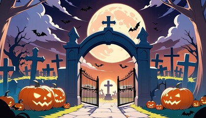 Halloween graveyard scene with a large arched gate.
