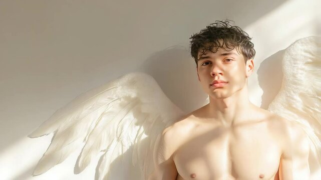 An angelic figure emerges, their gaze both soft and profound. Sunlit skin meets the texture of expansive wings in a composition that invites contemplation. The perfect embodiment of grace and wonder.