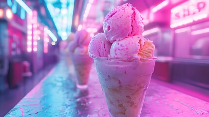 Delicious scoops of strawberry ice cream are stacked high in a cup on a counter beneath bright neon lights creating a vibrant and appealing dessert scene today.