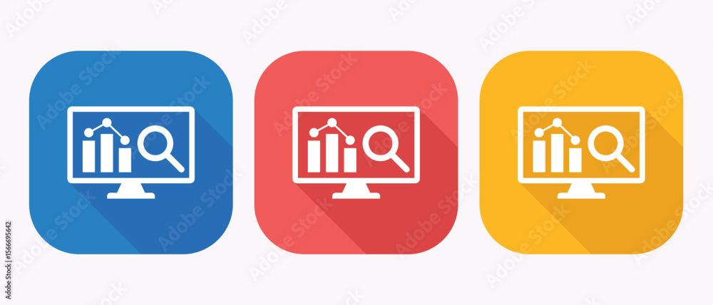 Poster computer screen displaying financial chart and magnifying glass in colorful buttons