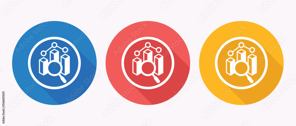 Poster three circular icons representing data analysis with magnifying glass and charts