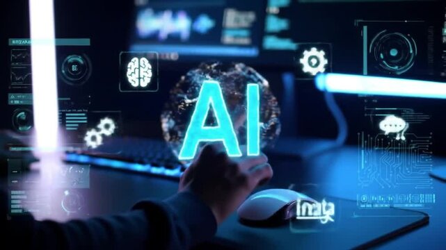 AI Artificial Intelligence Concept Man Using Mouse with Animated UI Graphics Overlay