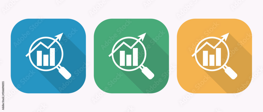 Poster magnifying glass over rising bar graph and line chart with upward arrow