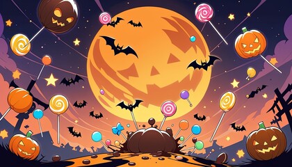 Halloween night treats scattered across a spooky landscape.