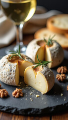 Artisan Cheese Platter and White Wine Pairing on Dark Slate Serving Board with Rosemary Garnish: Elevate Your Elegant Dining Experience